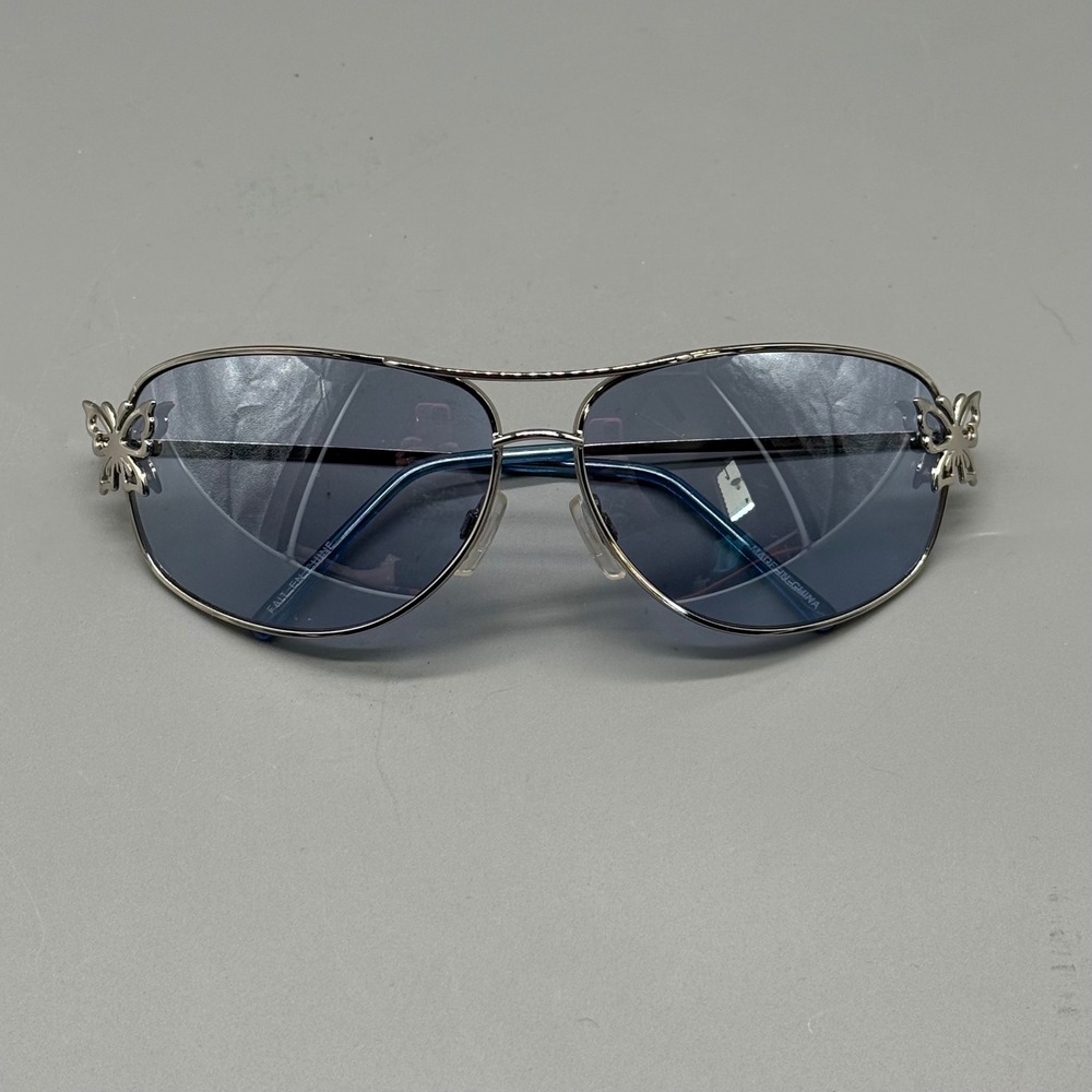Vintage Y2K Silver Butterfly Aviator Sunglasses Blue Tint Lenses Women Retro